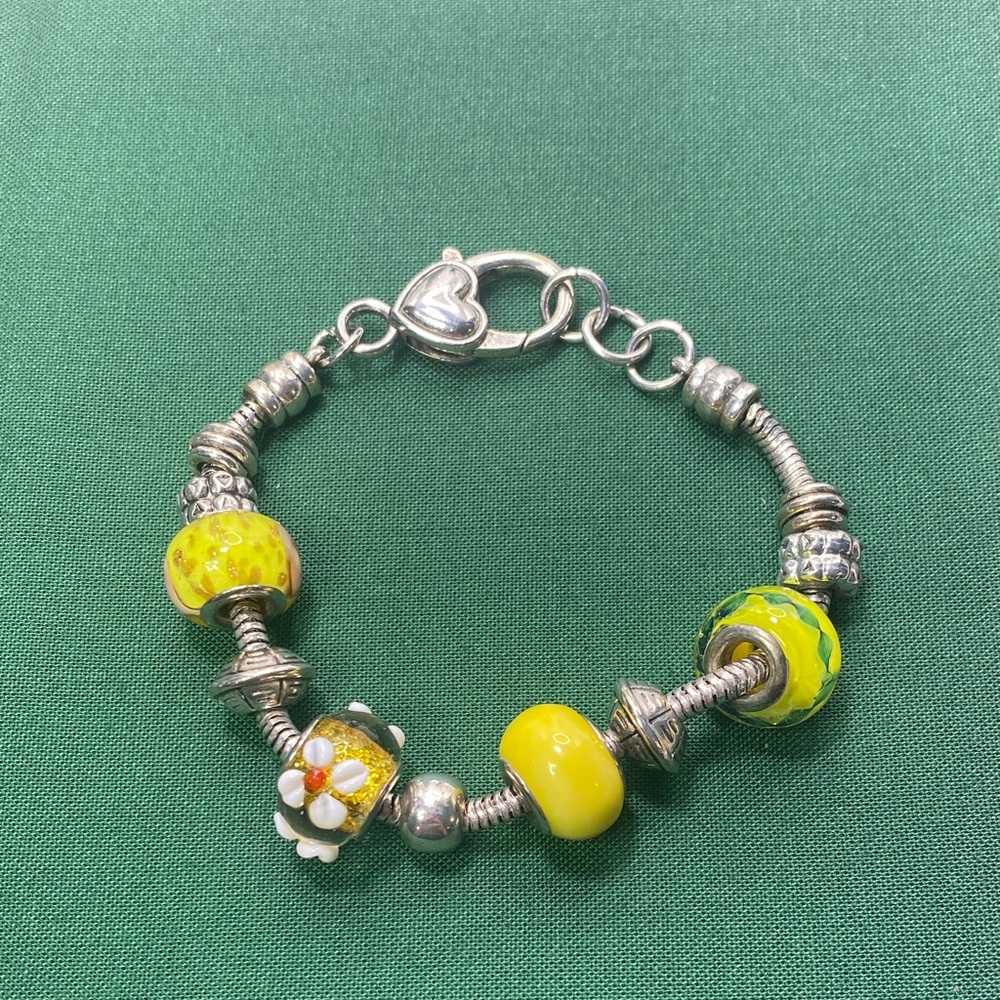Yellow and Silver Slide Charm Bracelet On Snake Chain with Heart Shape Clasp